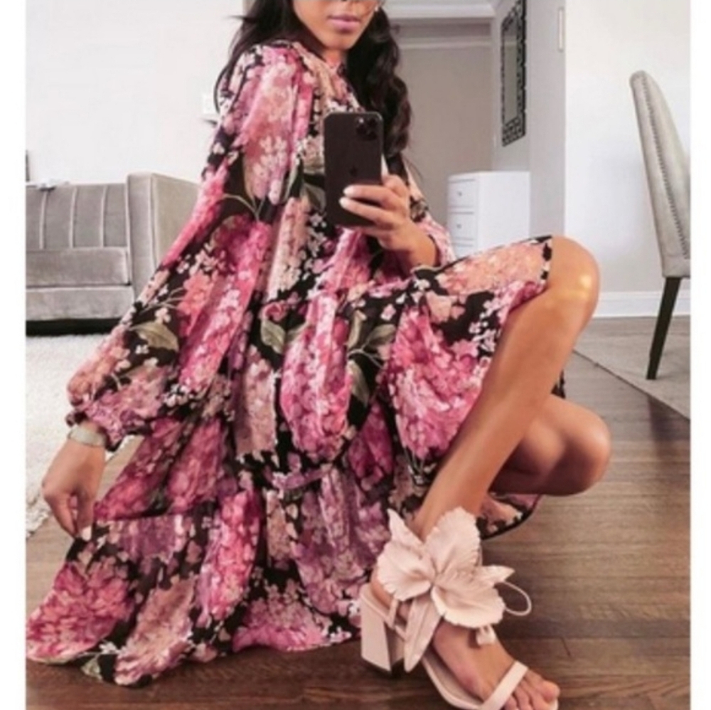 Floral Long Sleeve Dress - Pink and Black. NWOT Size XS
